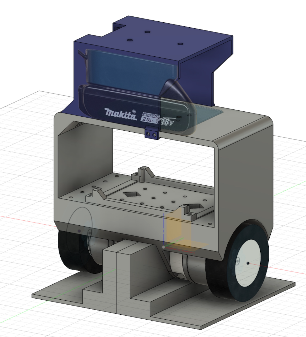 CAD render of the robot showing the open chassis and battery on top